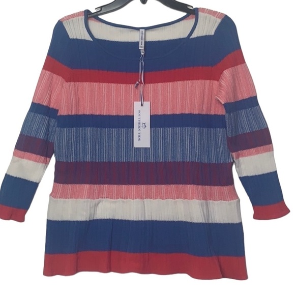 - NWT Southern Tide Rose Blue White Rosalie Peplum Wide Stripe Ribbed Sweater - Picture 5 of 9